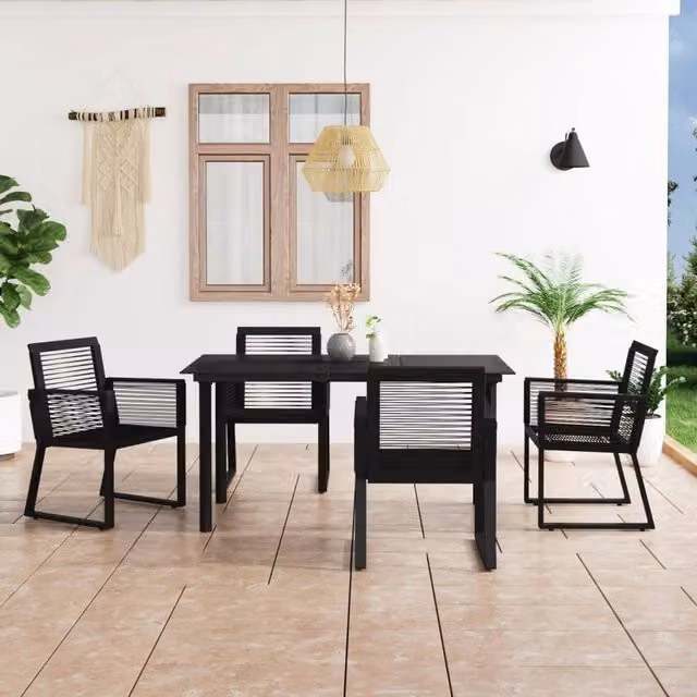 Berkfield Home 5 Piece Outdoor Dining Set in Black PVC Rattan with Glass Top and Powder Coated Steel Frame