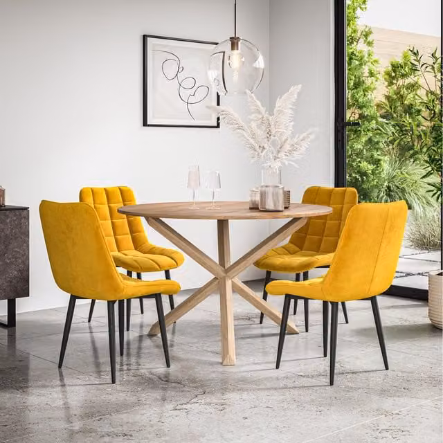 More4Homes Malvern Round Oak Effect Dining Table Set with 6 Mustard Yellow Nova Velvet Chairs, W/D/H: 120 x 120 x 75 cm