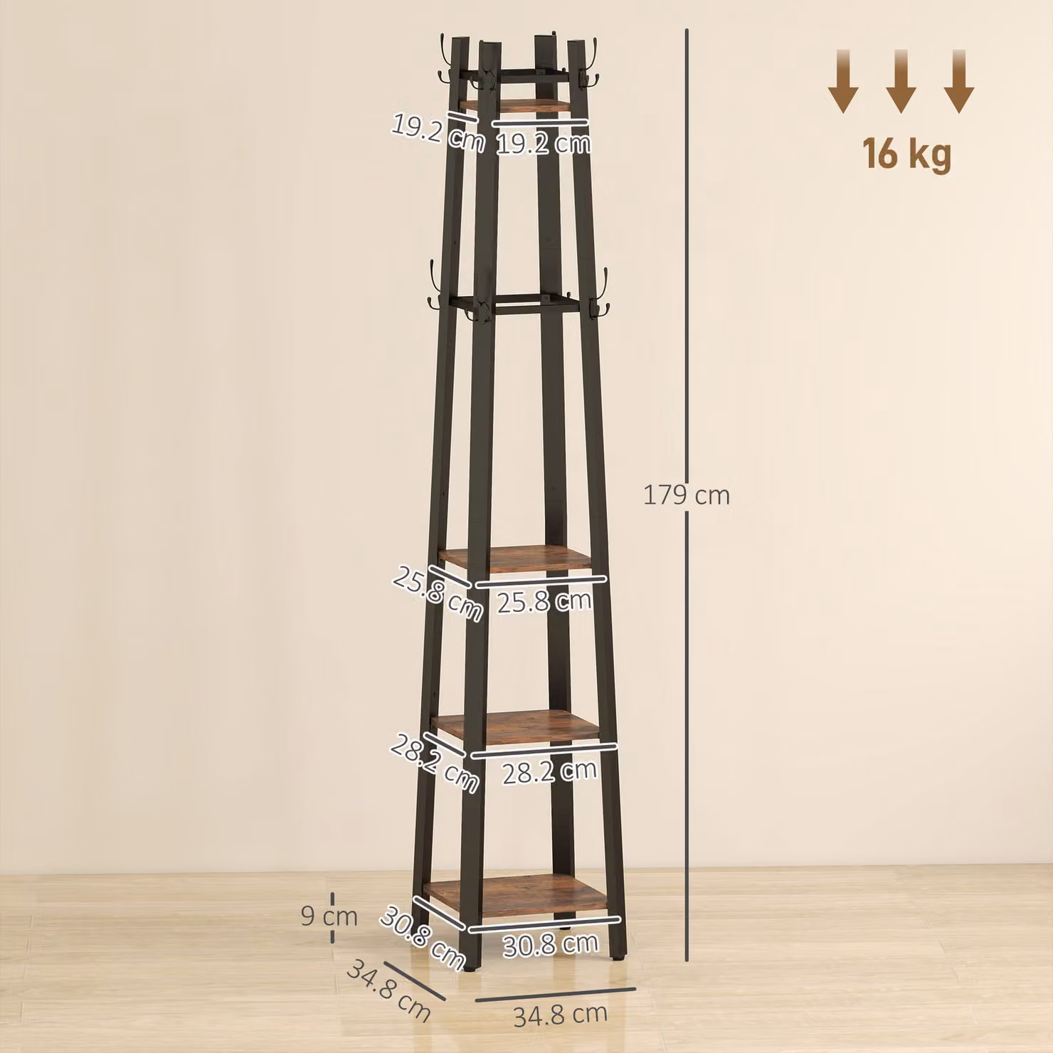 HOMCOM Industrial Coat Stand with 8 Hooks and 4 Shelves in Rustic Brown and Black – 3