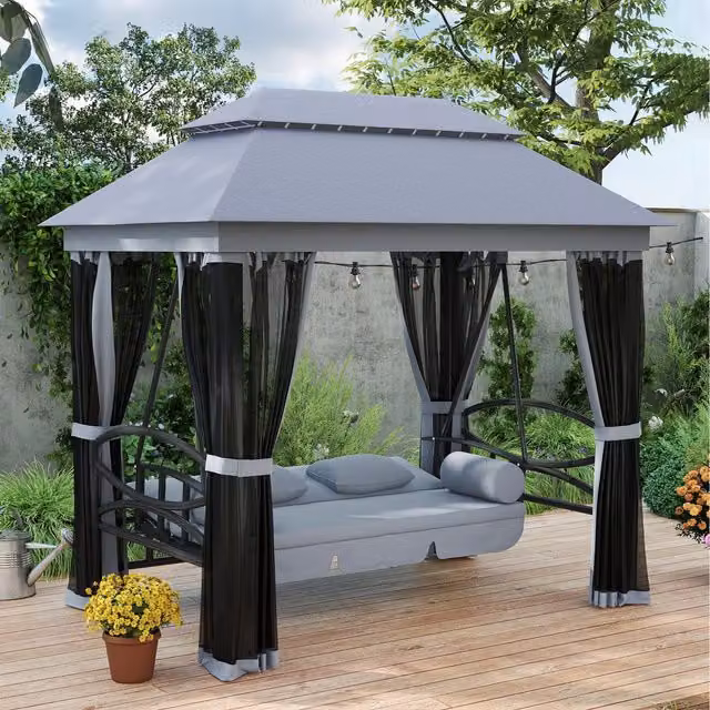 Outsunny 3 Seater Convertible Swing Chair with Sun Canopy and Cushions, Grey