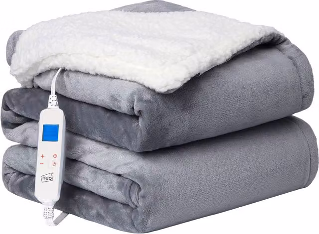 Neo Reversible Electric Heated Throw Blanket in Grey with Flannel and Sherpa Lining