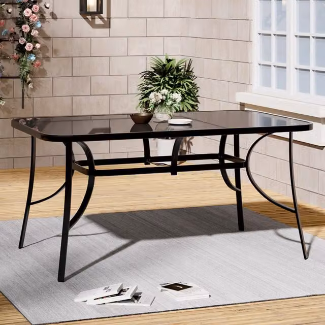 Livingandhome Black Rectangular Tempered Glass Garden Table with Parasol Hole, W: 150 cm