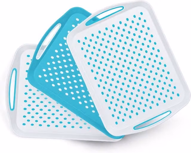 Essen Rectangular Non-Slip Serving Tray 3-Pack with Handles in Blue and White