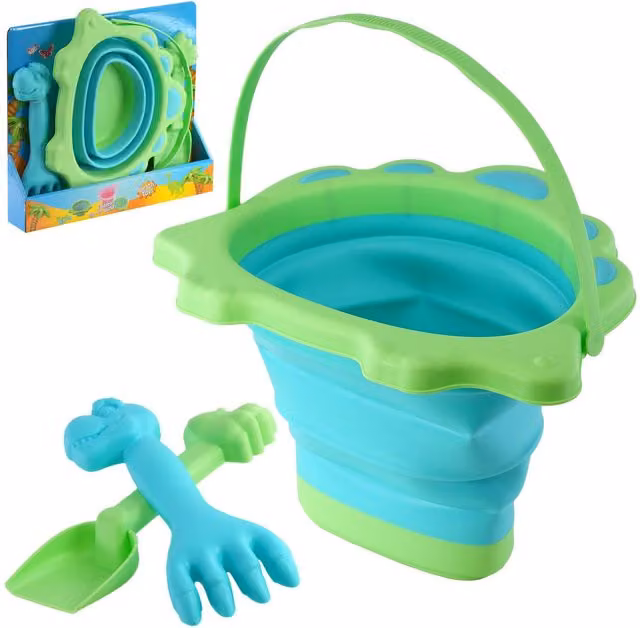 The Magic Toy Shop Collapsible Dinosaur Beach Bucket and Spade Set for Kids in Blue and Green