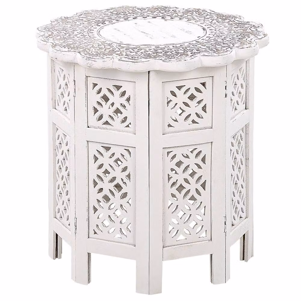 Wyld and Coco Co Carved Mango Wood Round Side Table in Distressed Off-White – 2