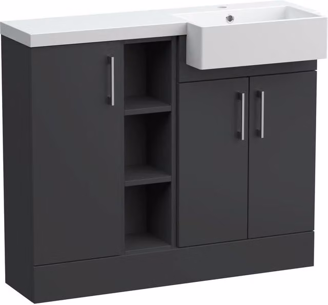 Balterley Wichnor Modern 3 Door Freestanding Combination Vanity Basin Unit with Open Shelves and Soft Close Doors, Grey, W: 100 cm