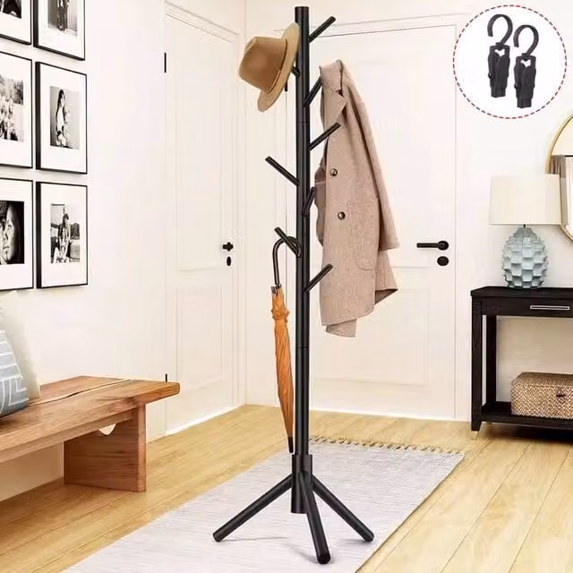 FORGEVIO Modern Wooden Coat Stand in Black with 8 Hooks and Tripod Base, Width: 50 cm