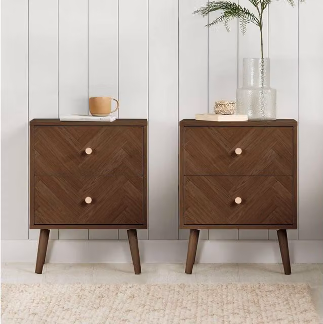 Birlea Herringford Chevron Pair of 2 Drawer Walnut Bedside Cabinets in Brown