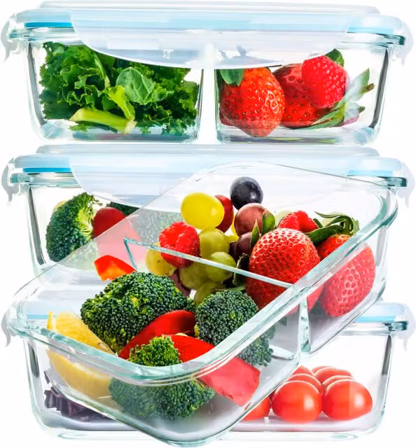 Homiu 3 Piece Set of 2 Compartment Glass Food Storage Containers with Airtight Leakproof Lids, White and Transparent