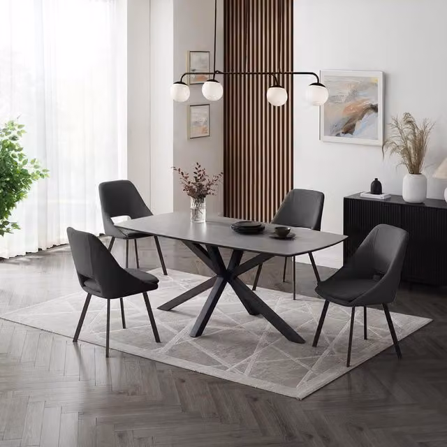 GRS Bordeaux Grey Sintered Stone Dining Set with 4 Grey Chairs, W: 150 cm, H: 75 cm