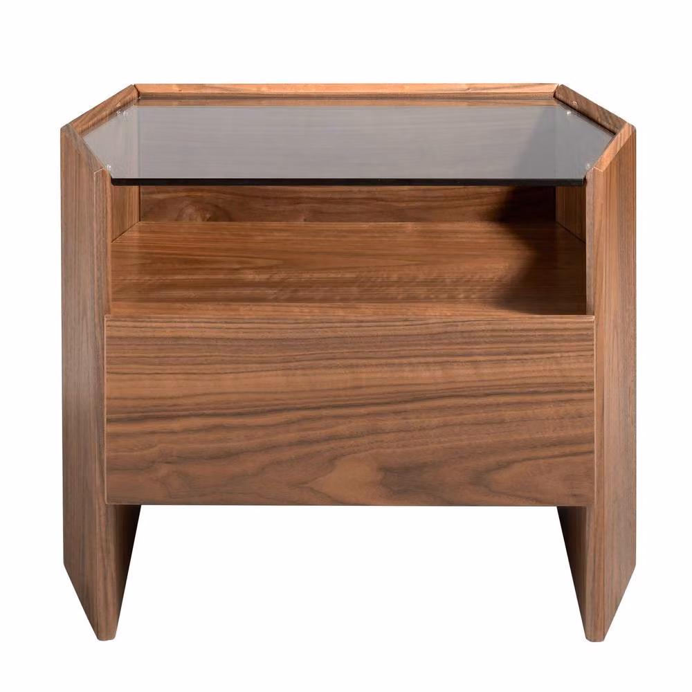 Angel Cerda Walnut Bedside Table with Tempered Glass Top in Brown – 2