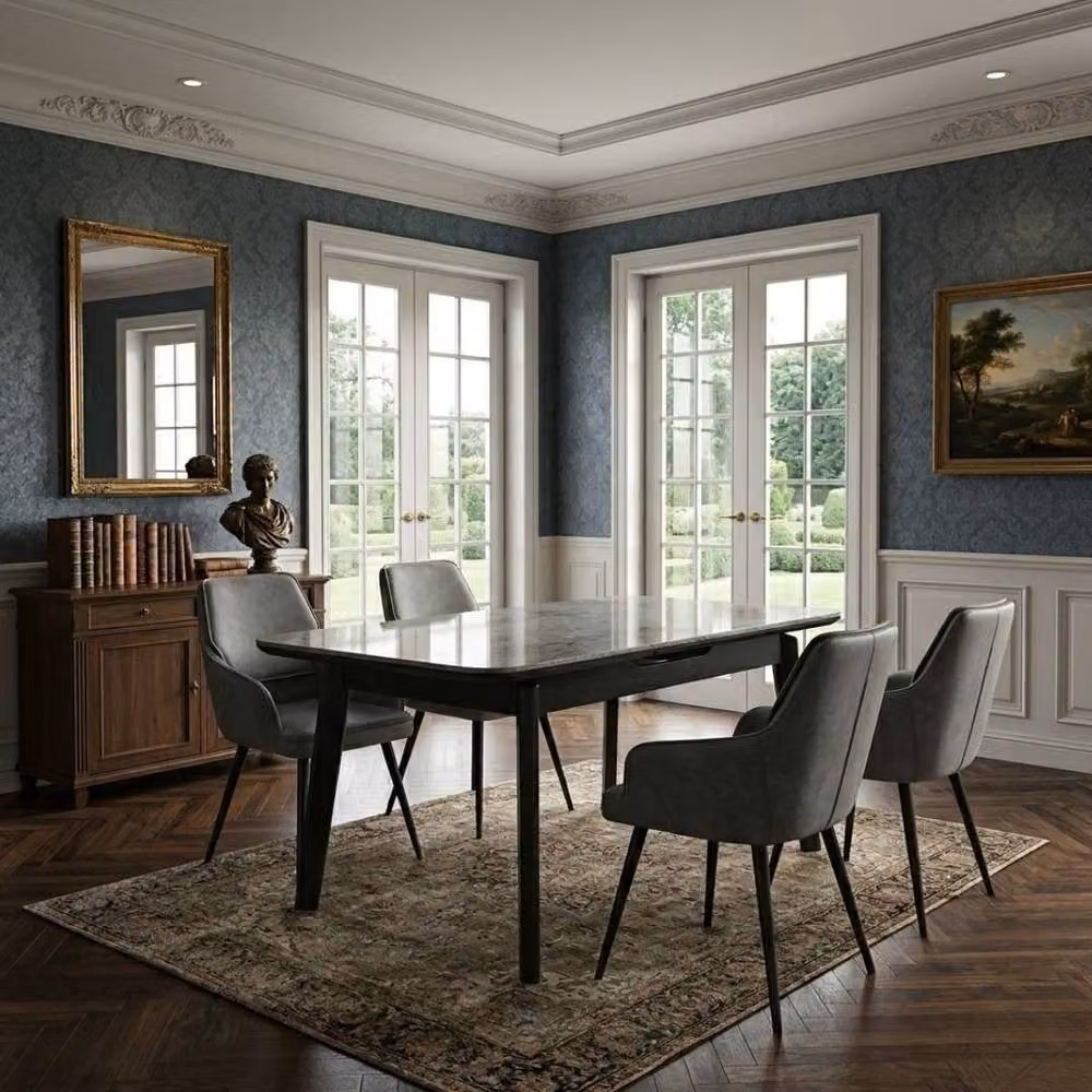 Home Luxe Interior Monaco Grey Stone Ceramic Extending Dining Set with 6 Maryland Swivel Chairs – 2