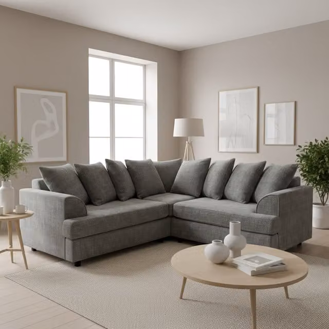 Abakus Direct Ferguson Chenille L-Shape Corner Sofa in Grey with Scatter Cushions