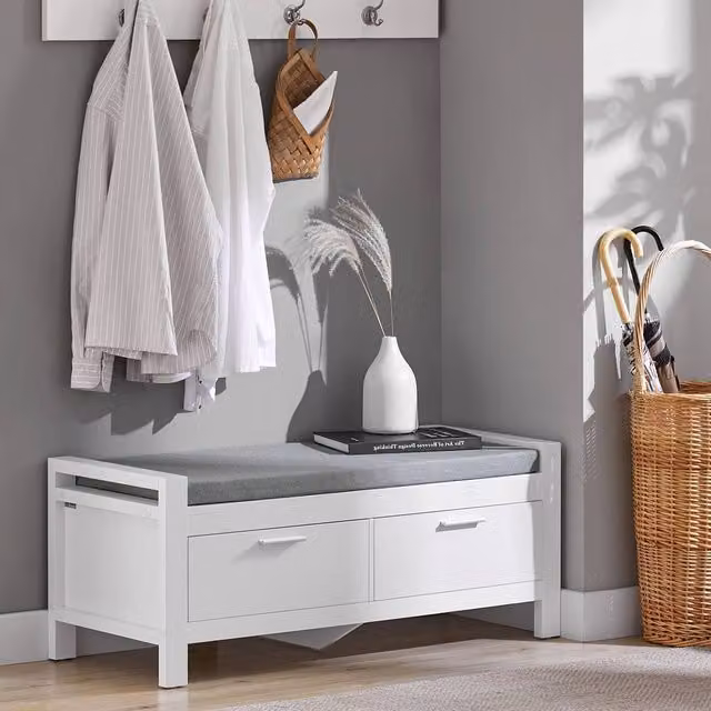 SoBuy Storage Bench with Cushion and 2 Drawers in White and Grey, W/D/H: 100 x 120 x 40 cm – 1
