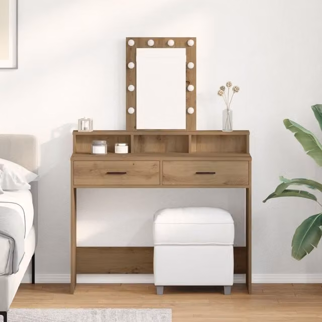 Berkfield Home Artisan Oak Dressing Table with Hollywood LED Lights in Brown, W: 100 cm, D: 41 cm, H: 140 cm