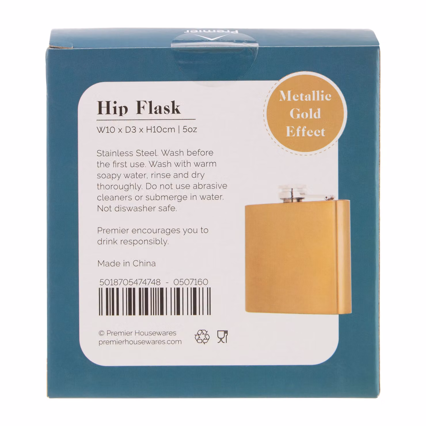 Orsina Stainless Steel Hip Flask with Secure Screw Cap in Gold Finish, 5oz – 3