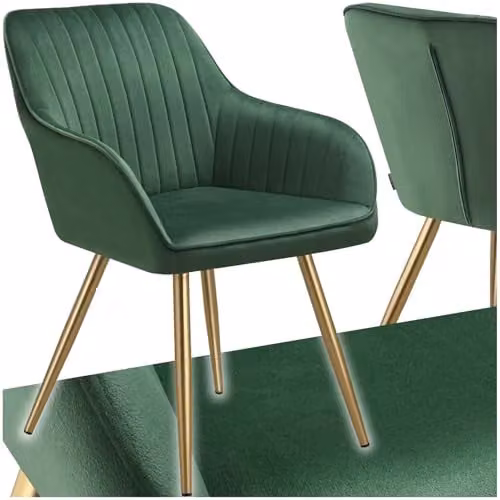 tectake Marilyn Dining Chair with Velvet Fabric and Armrests in Green and Gold