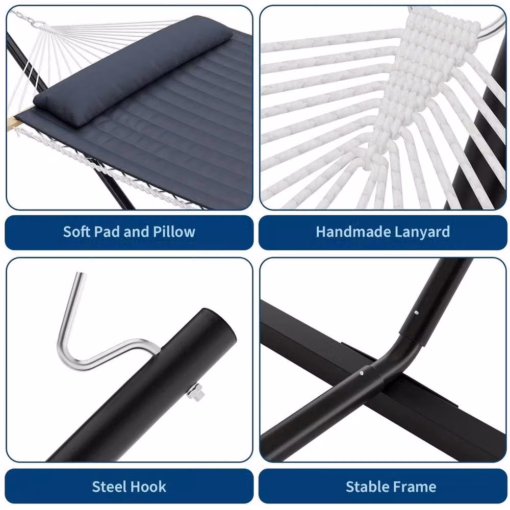 VOGREX Hammock with Stand in Grey, featuring a Powder Coated Steel Frame and Weatherproof Cushion – 3