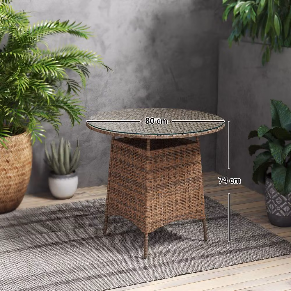 ERGOVEXA Brown Round Polyrattan Wicker Garden Table with Glass Top – 2