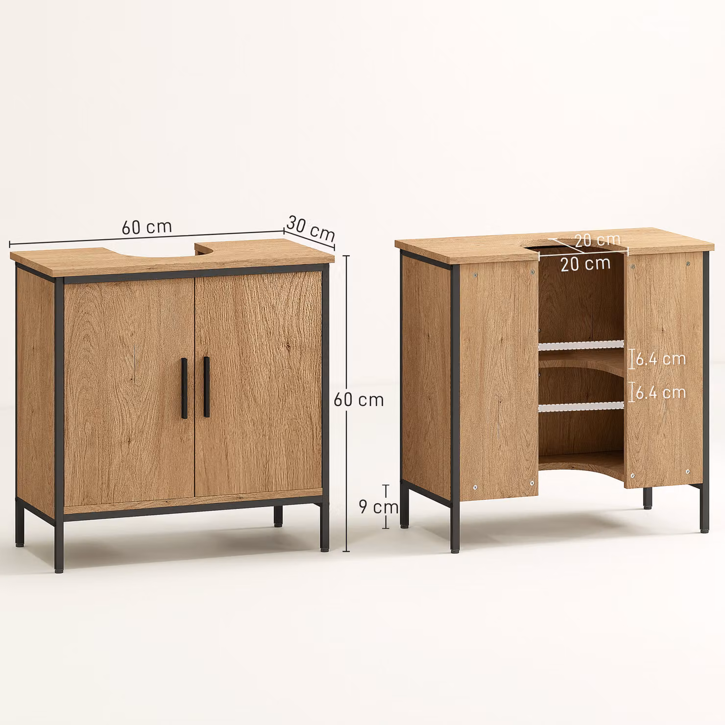 HOMCOM Industrial Bathroom Vanity Unit in Oak and Black with Hinged Doors and Internal Shelves – 3