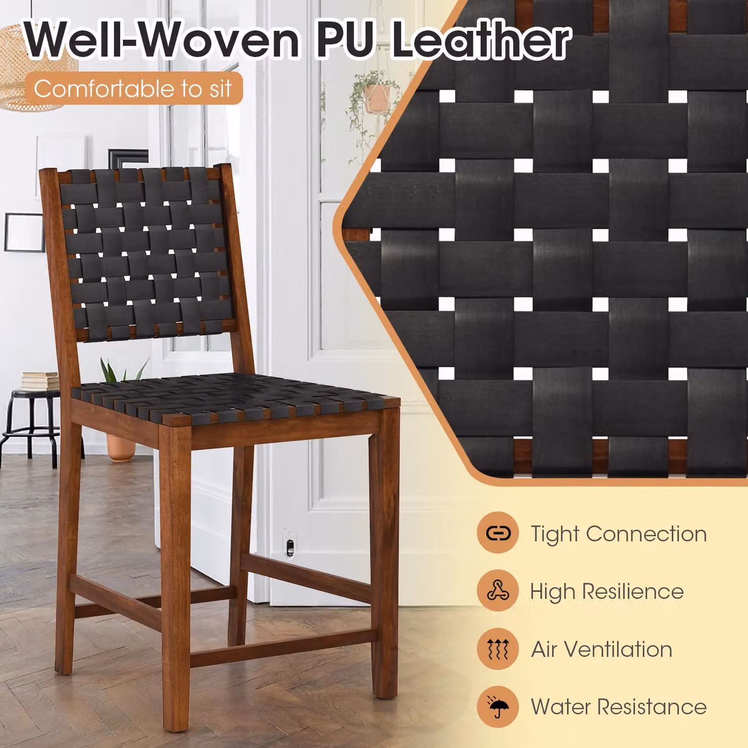 Costway Set of 2 Woven Counter Height Bar Stools in Brown with Faux PU Leather Straps – 5
