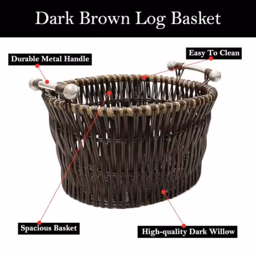 JVL Vertical Weave Oval Log Basket with Metal Handles, Brown, W: 55.0 cm, D: 35.0 cm, H: 55.0 cm – 2