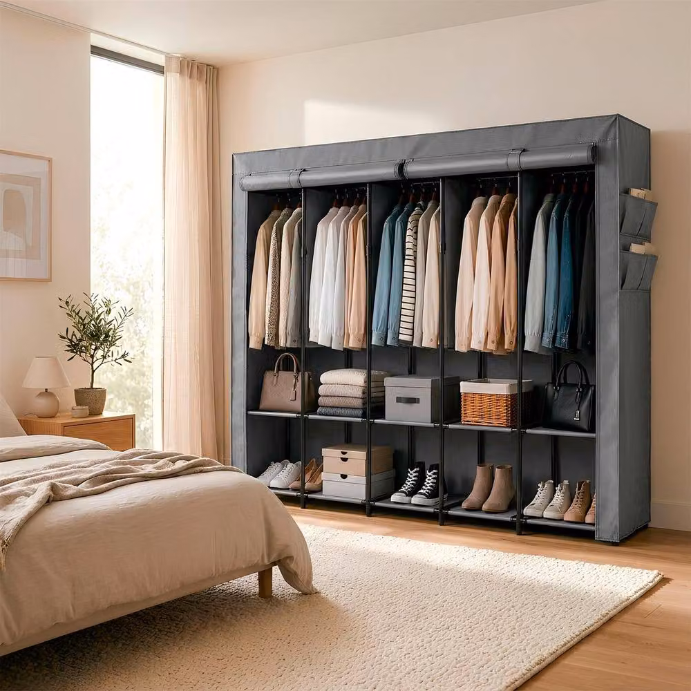 Harbour Housewares Portable Fabric Wardrobe in Grey, H x W x D: 167 x 211 x 45 cm – 3