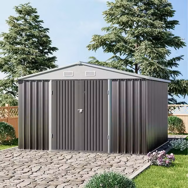 Livingandhome Metal Lockable Gable Garden Shed with Single Door in Grey and White, W/D/H: 317.6 x 305 x 203.6 cm