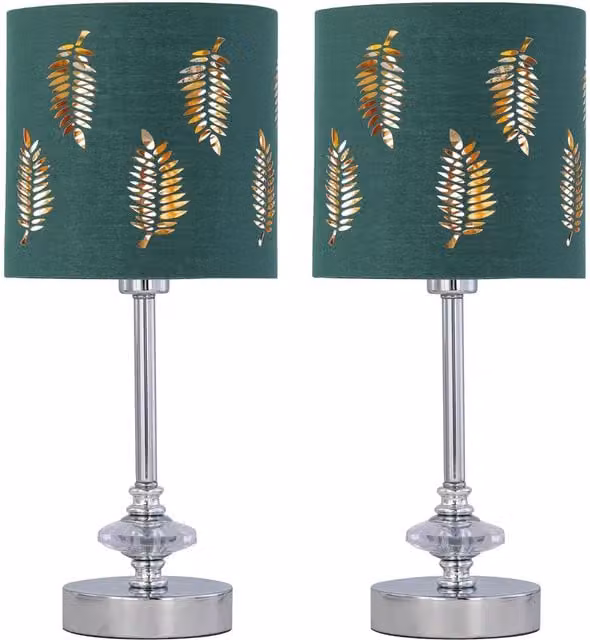 First Choice Lighting Set of 2 Chrome Jewelled Table Lamps with Green Fabric Shades