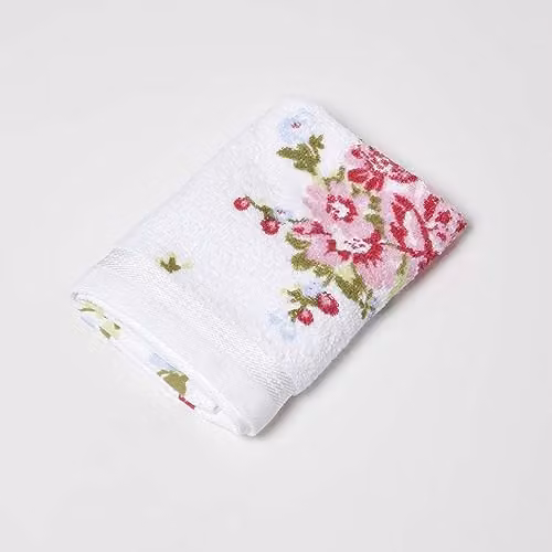 Homescapes White Floral Cotton Hand Towel with Pink and Green Vintage Design