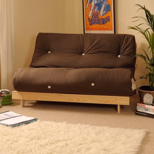 Comfy Living Chocolate and Cream 2 Seater Luxury Wooden Futon with Solid Pine Frame, Brown, W/D/H: 120 x 200 cm