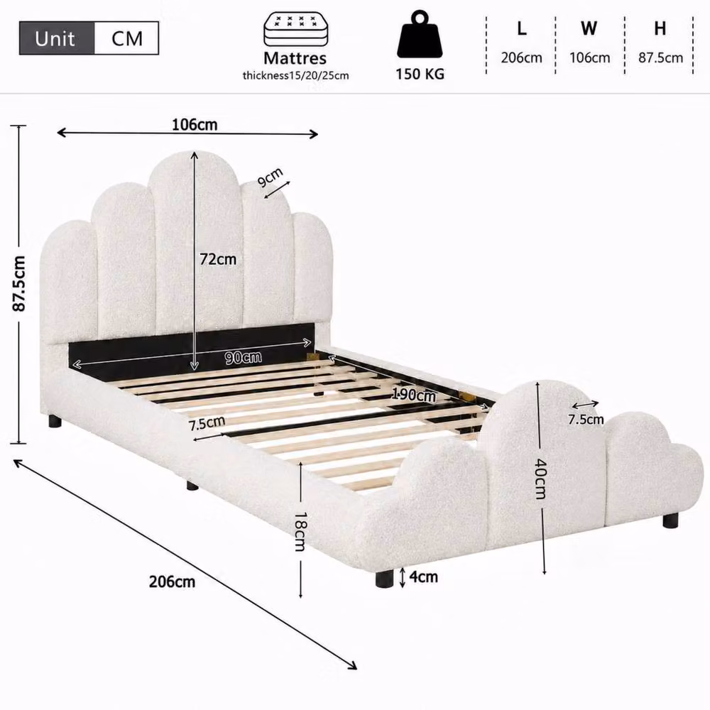 Merax Single Petal Upholstered Childs Bed Frame with Lift Up Base in Beige Boucle, W/D/H: 90 x 190 x 106 cm – 2