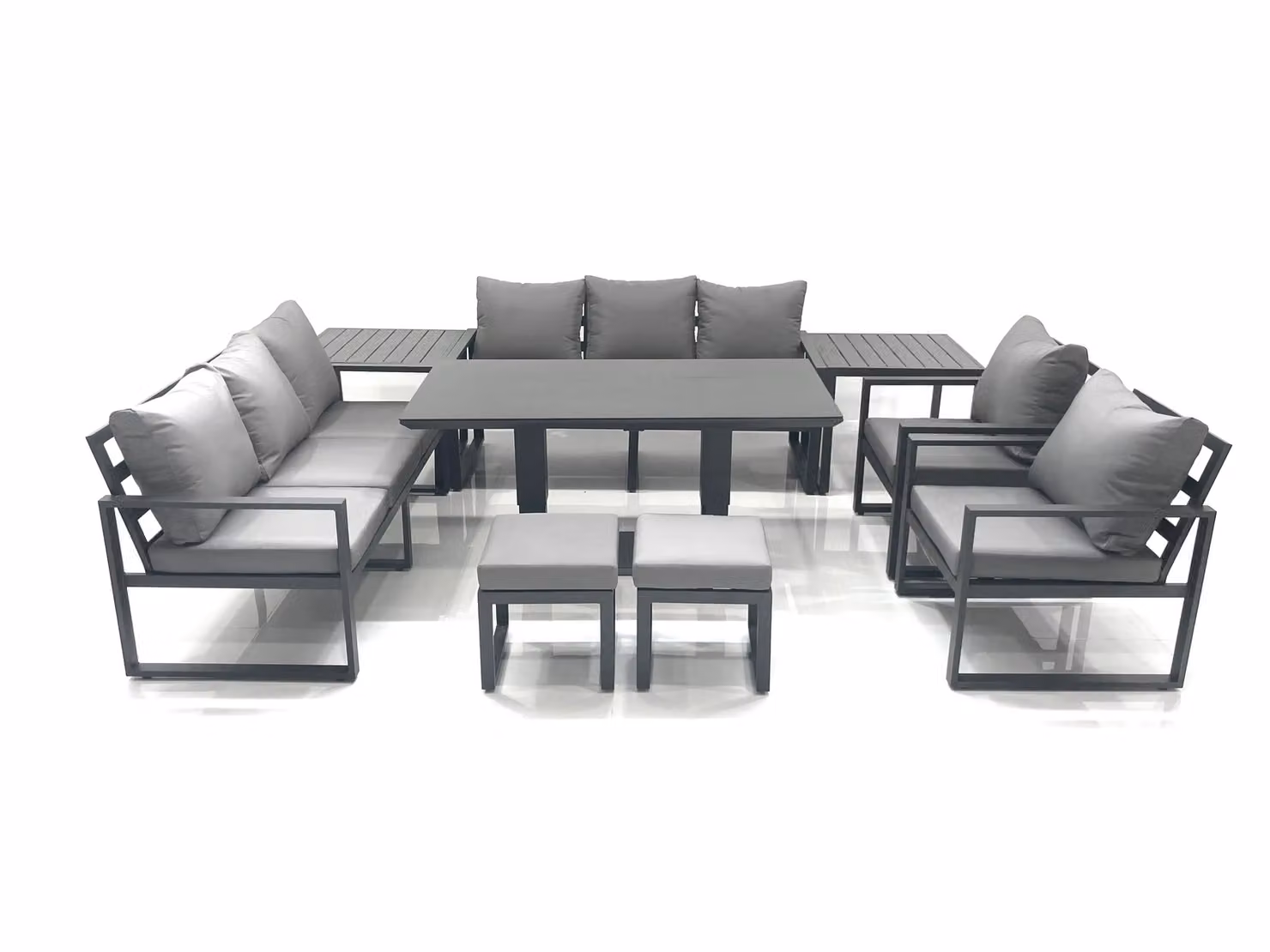 Fimous Garden Sofa Set with Height Adjustable Dining Table, 2 Chairs, 2 Footstools and 2 Side Tables in Anthracite Grey Powder Coated Aluminium – 2