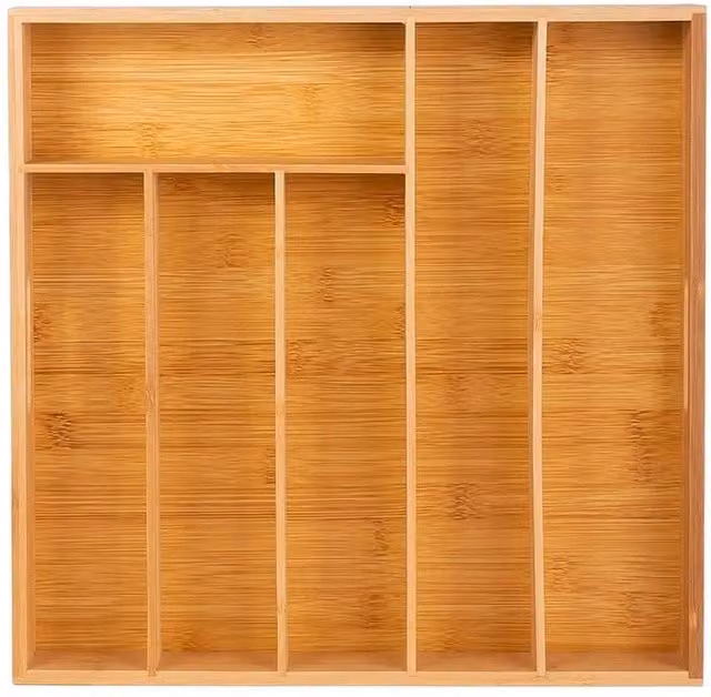 VOGREX 6 Compartment Bamboo Kitchen Cutlery Drawer Organiser, Beige – 1