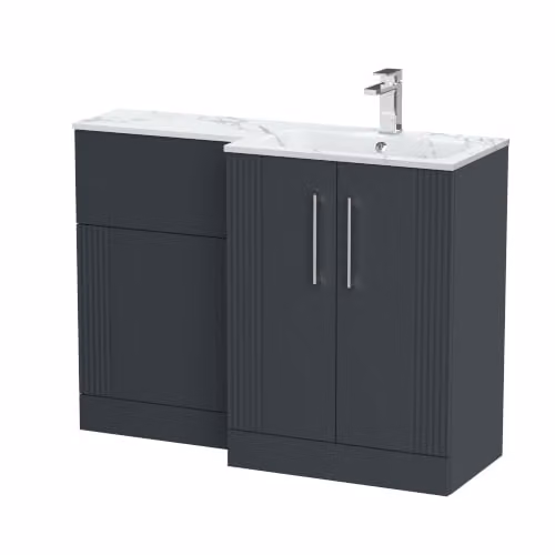 Balterley Belvide Retro Partially Fluted 2 Door Freestanding Vanity Unit with Carrera Stone Basin, Satin Dark Grey, W: 110 cm, D: 39 cm, H: 85.8 cm – 3