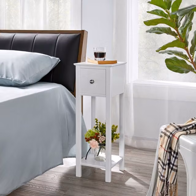 Yaheetech Slim Bedside Table with Drawer and Shelf in White