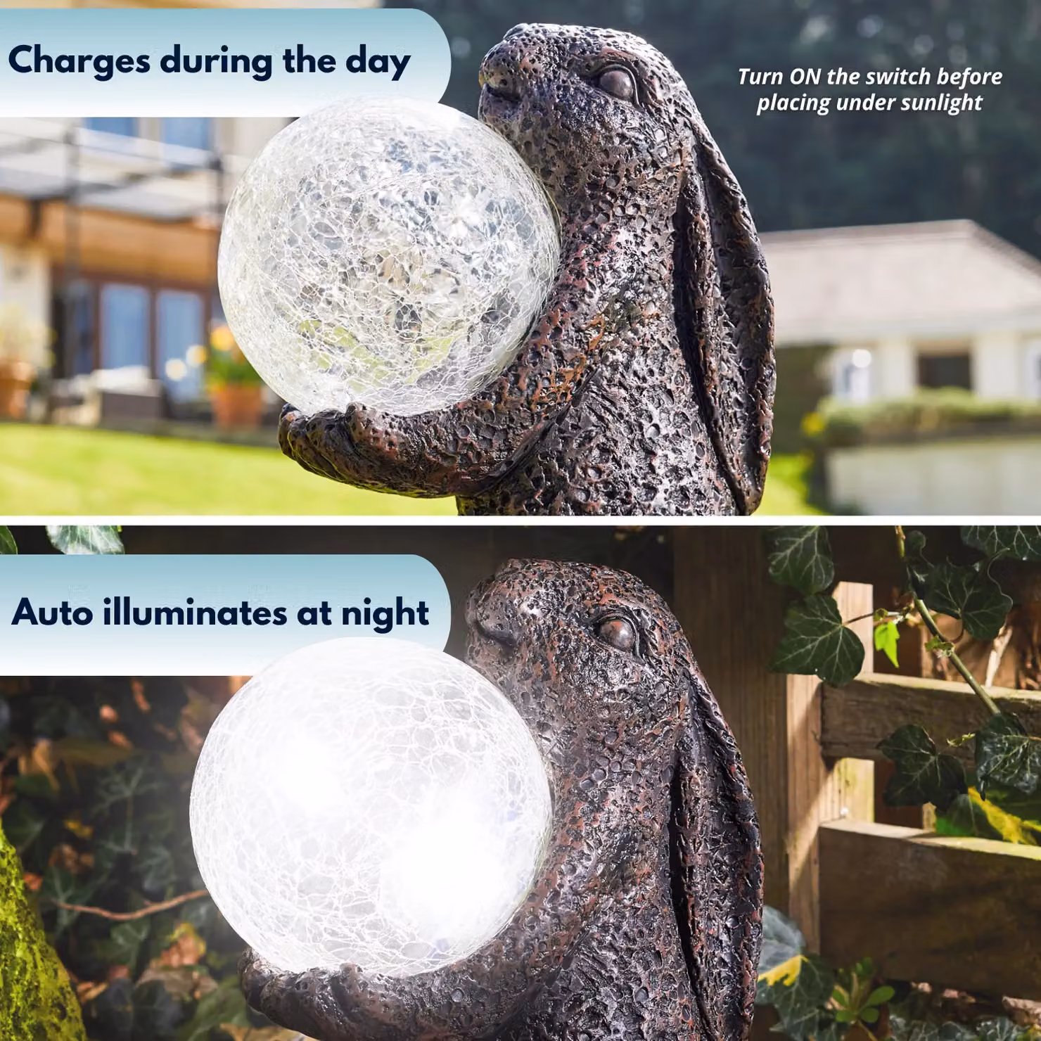 Marco Paul Bronze Solar Powered Rabbit Ornament with Crystal Ball, Height: 30 cm – 5