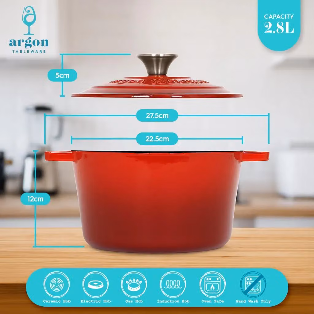 Argon Tableware 2x Round Cast Iron Casserole Dishes with Self Basting Lids, Red, 2.8 l – 3