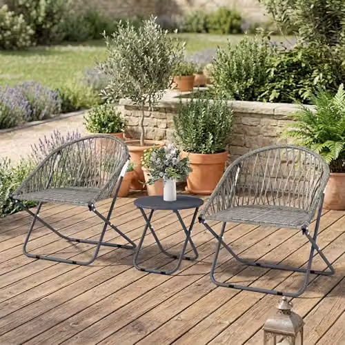 Outsunny 3 Piece Grey Rattan and Metal Folding Bistro Set for 2 Adults – 5