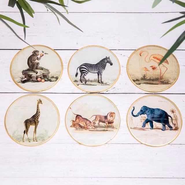 Annibells Set of 6 Round Glass Coasters in Gold and Multicolour