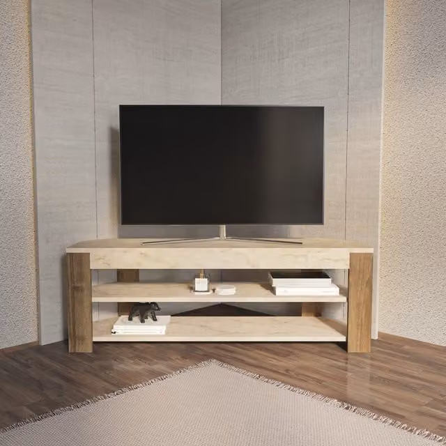 Decorotika Rita Corner TV Unit in Brown and Beige Wood with Cable Management
