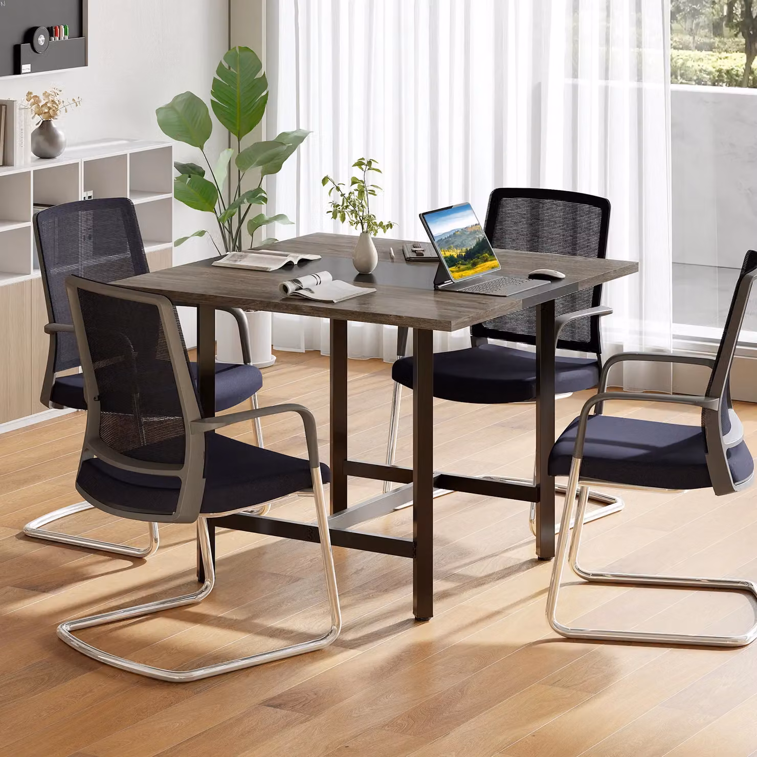 Costway Square Conference Table in Grey and Black, W/D/H: 100 x 100 x 90 cm – 3