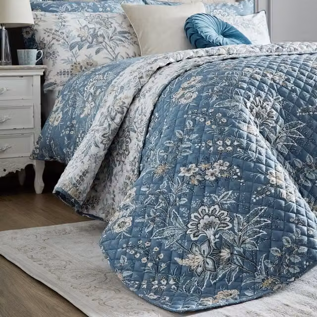 Laura Ashley Marlbrook Quilted Floral Bedspread in Dusky Seaspray, W x D: 235 x 235 cm