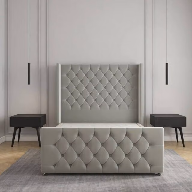 Regional Furnishings Silver Velvet Plush Divan Bed Set with 54 inch Headboard and 20 inch Footboard, Single, W/D/H: 90 x 200 cm