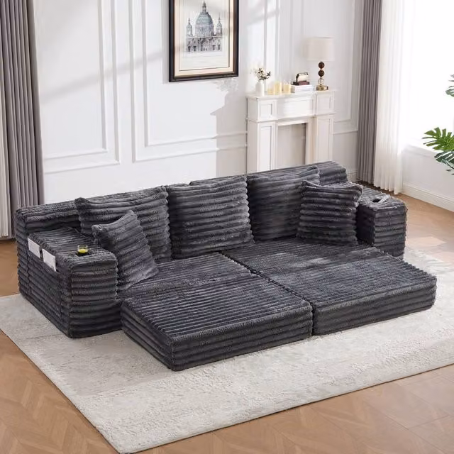 BTM Corduroy Convertible Sleeper Sofa with Cup Holders, Grey, W/D/H: 273 x 87 x 72 cm – 1