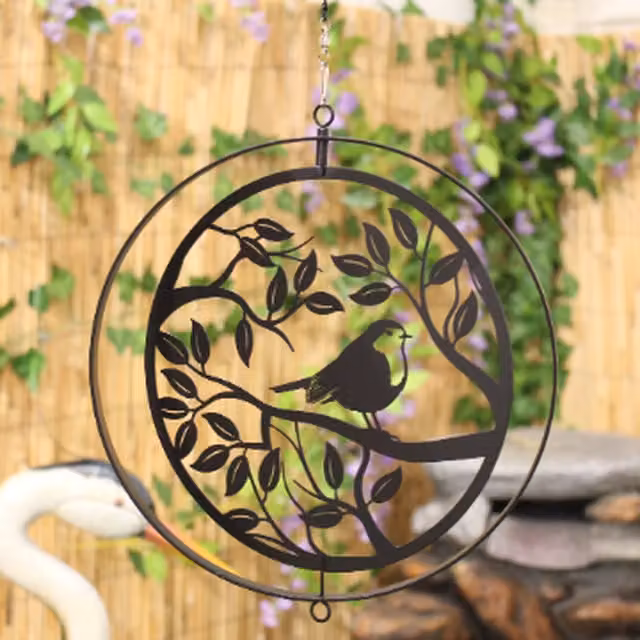 Betley Butterfly Metal Robin in Tree Hanging Silhouette Orbit Spinner in Black and Bronze