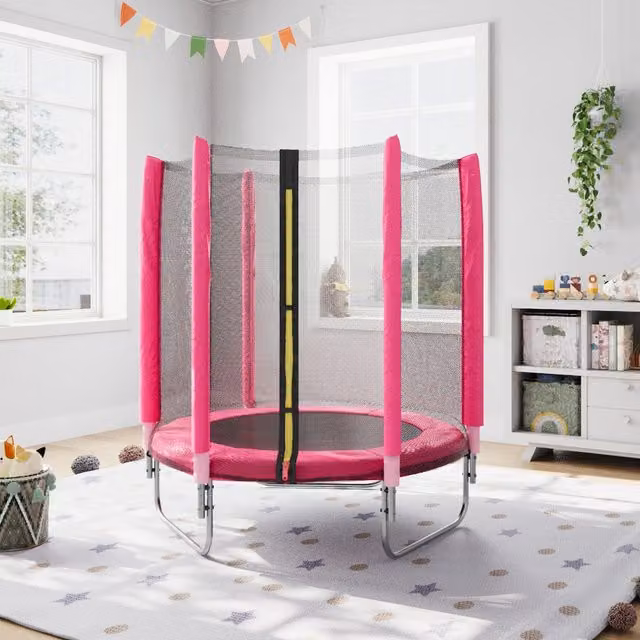 Kidkid Pink Mini Outdoor Trampoline with Safety Enclosure