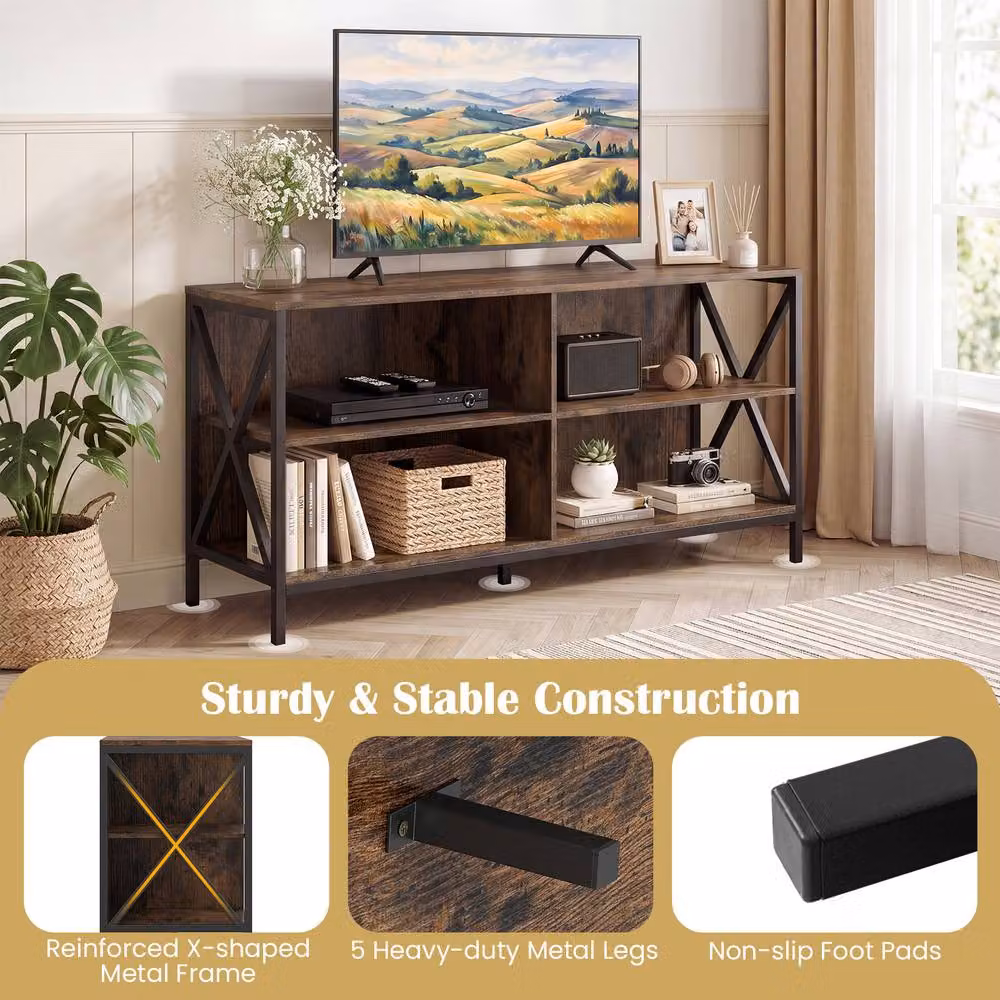 Gymax Industrial TV Stand and Entertainment Centre with 4 Open Storage Shelves in Brown and Metal – 4