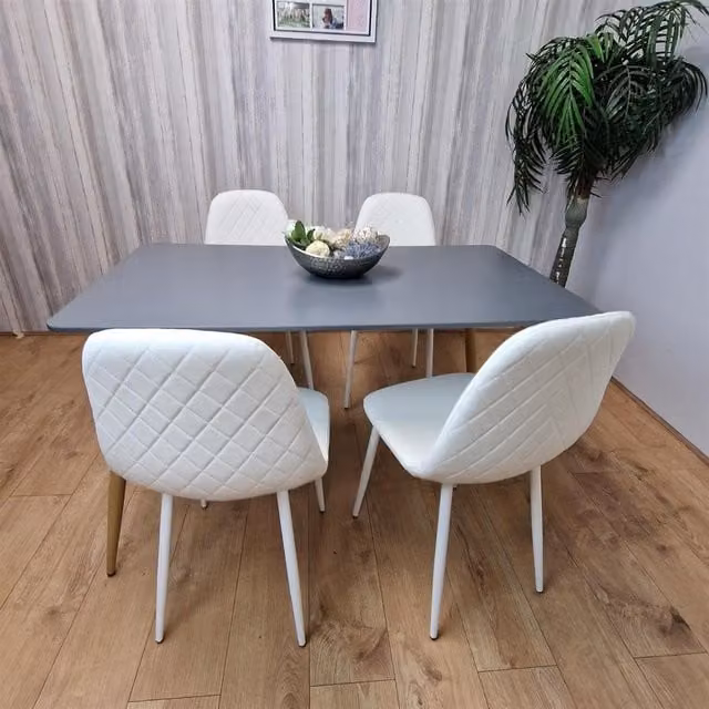 Kosy Koala Modern Rectangular Grey Dining Table with 4 White Geometric Patterned Chairs