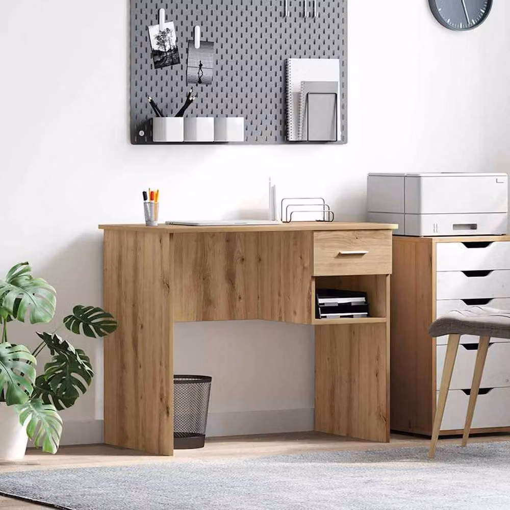 Berkfield Home Writing Desk with Storage in Artisan Oak and Beige, W/D/H: 90 x 49.5 x 75 cm – 2